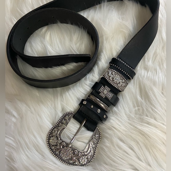 Accessories - Black Leather Belt with Silver Bling Buckle S L